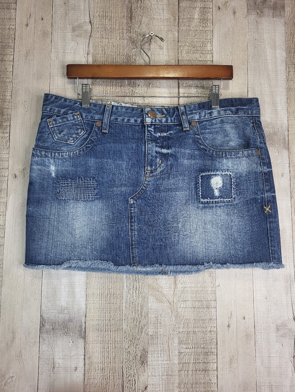 Vintage Guess Denim Patchwork Mini Skirt - Blue